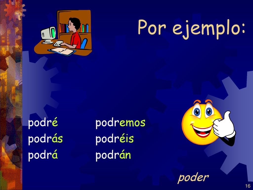 Por ejemplo: podré podrás podrá podremos podréis podrán poder