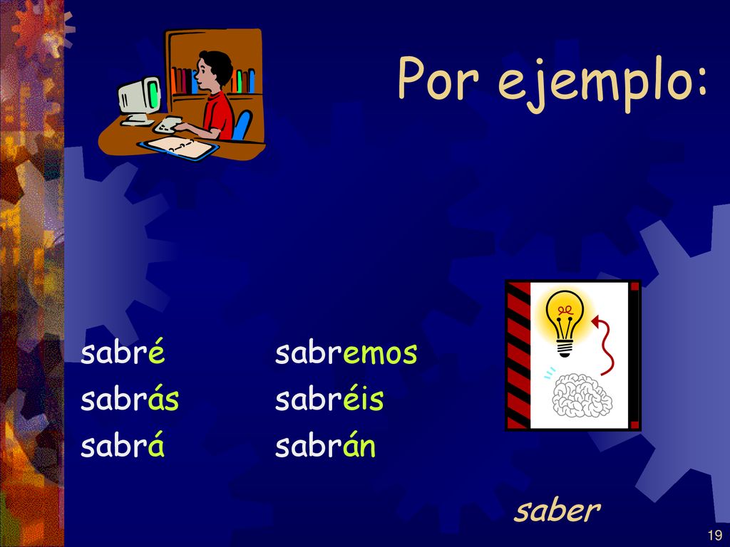 Por ejemplo: sabré sabrás sabrá sabremos sabréis sabrán saber