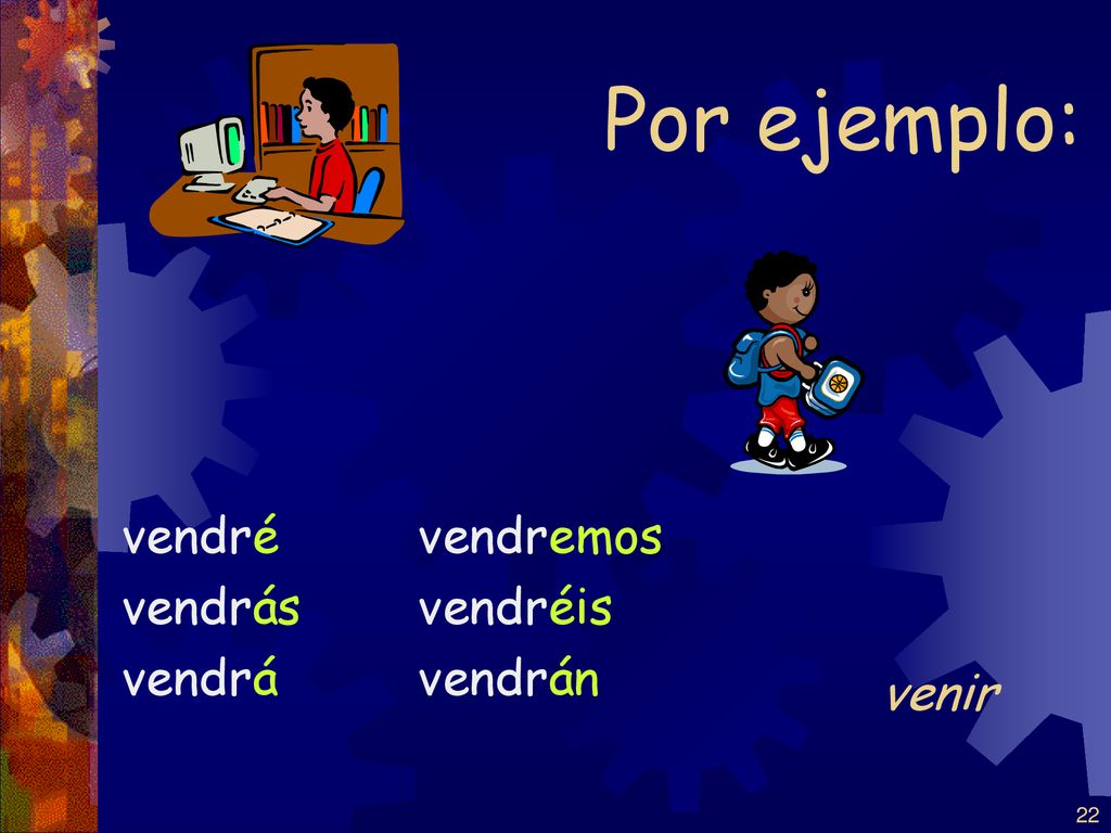 Por ejemplo: vendré vendrás vendrá vendremos vendréis vendrán venir