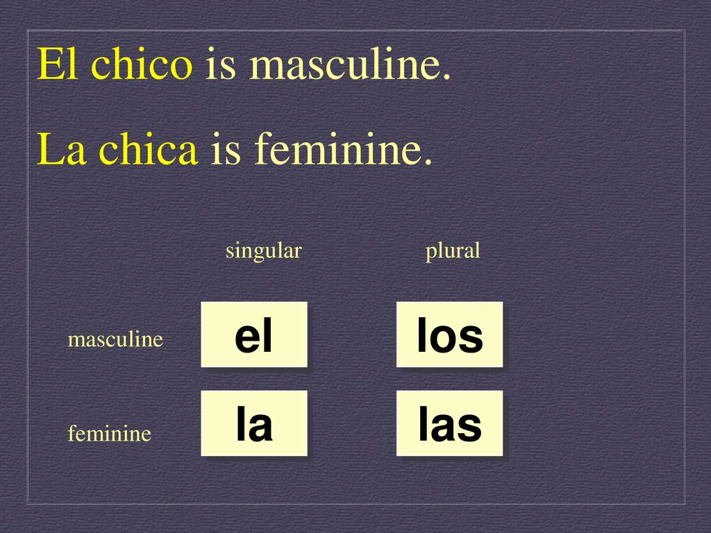 El chico is masculine. La chica is feminine. el los la las singular