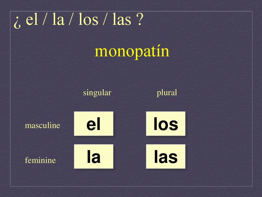 ¿ el / la / los / las monopatín el los la las singular plural
