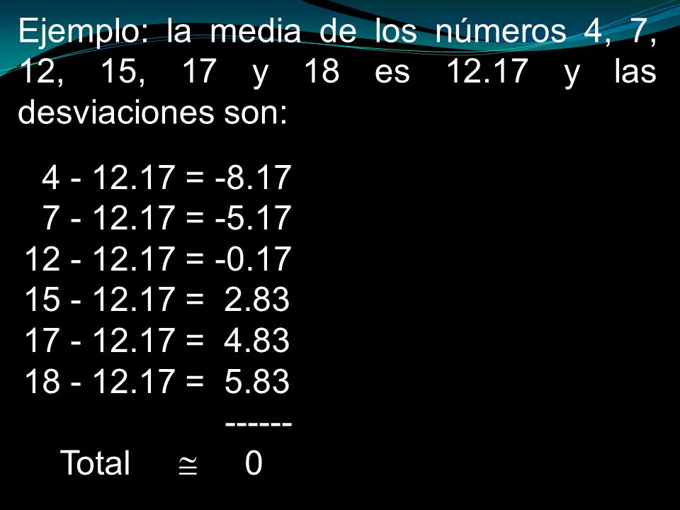Ejemplo: la media de los números 4, 7, 12, 15, 17 y 18 es 12
