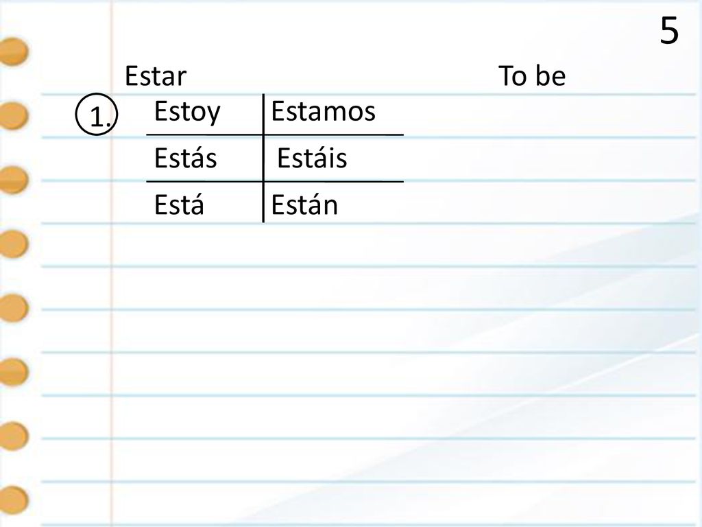 5 Estar To be Estoy Estamos 1. Estás Estáis Está Están