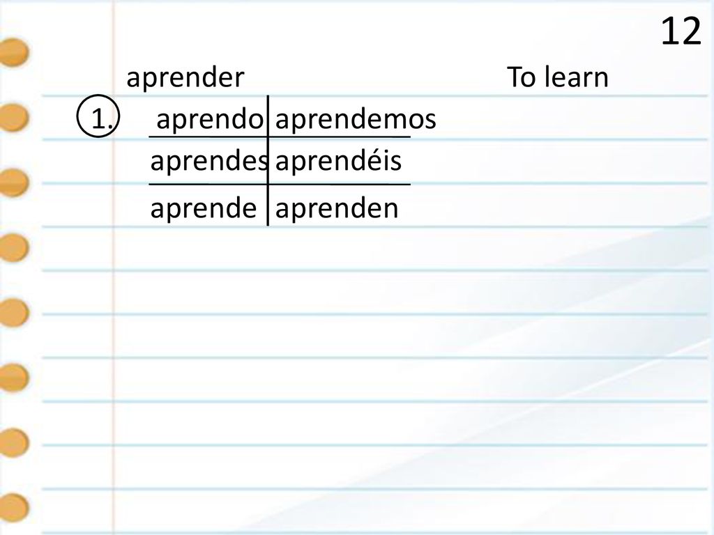 12 aprender To learn 1. aprendo aprendemos aprendes aprendéis aprende