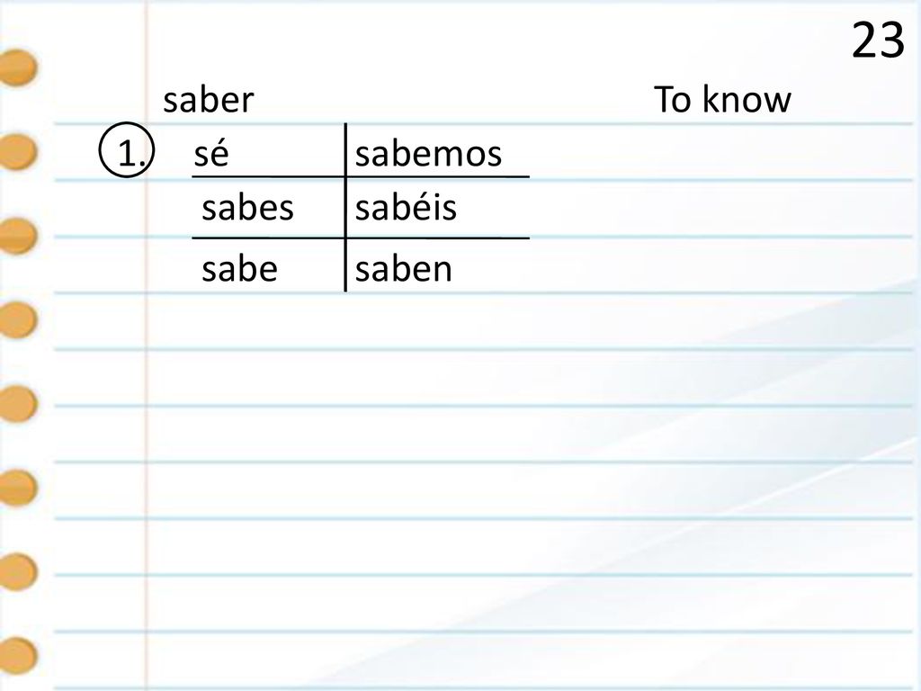 23 saber To know 1. sé sabemos sabes sabéis sabe saben