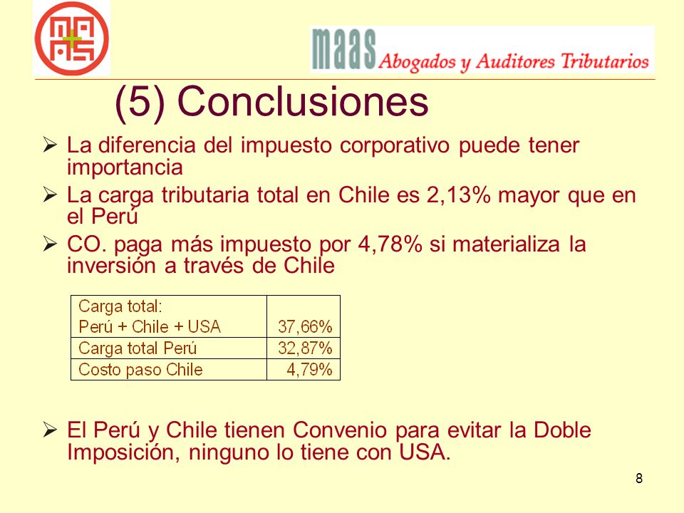 (5) Conclusiones La diferencia del impuesto corporativo puede tener importancia. La carga tributaria total en Chile es 2,13% mayor que en el Perú.