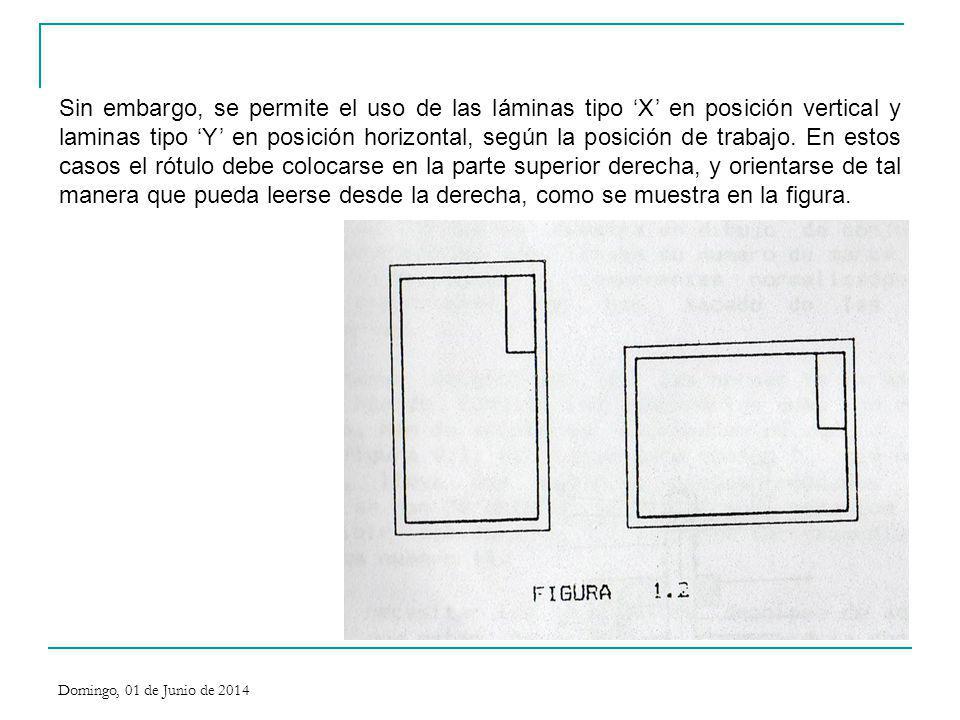 Sin embargo, se permite el uso de las láminas tipo ‘X’ en posición vertical y laminas tipo ‘Y’ en posición horizontal, según la posición de trabajo. En estos casos el rótulo debe colocarse en la parte superior derecha, y orientarse de tal manera que pueda leerse desde la derecha, como se muestra en la figura.