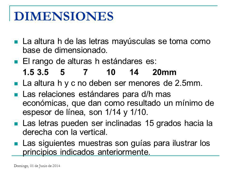 DIMENSIONES La altura h de las letras mayúsculas se toma como base de dimensionado. El rango de alturas h estándares es: