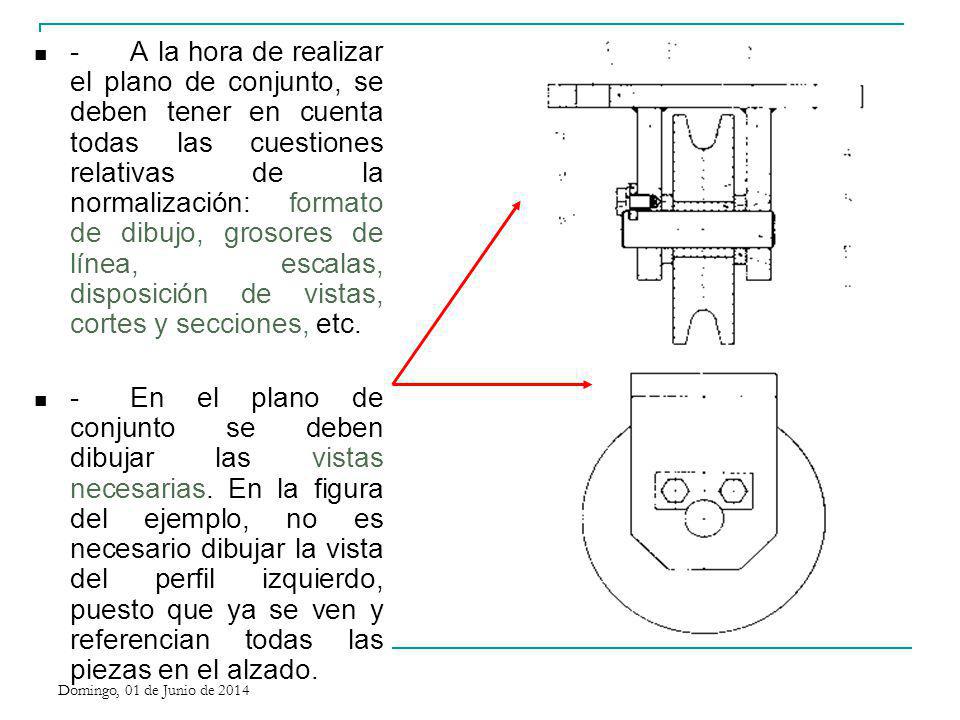 - A la hora de realizar el plano de conjunto, se deben tener en cuenta todas las cuestiones relativas de la normalización: formato de dibujo, grosores de línea, escalas, disposición de vistas, cortes y secciones, etc.