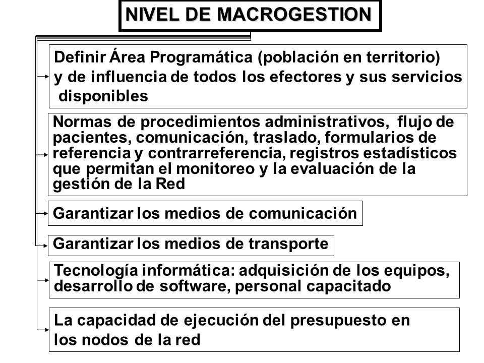 NIVEL DE MACROGESTION Definir Área Programática (población en territorio) y de influencia de todos los efectores y sus servicios.