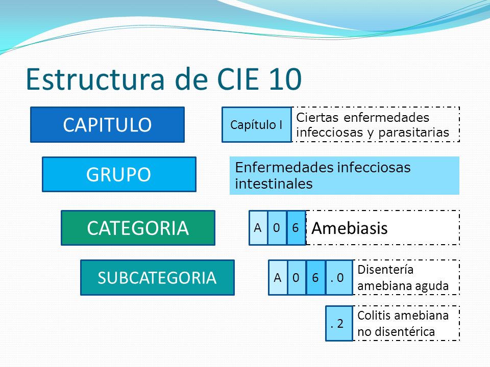 Estructura de CIE 10 CAPITULO GRUPO CATEGORIA Amebiasis SUBCATEGORIA