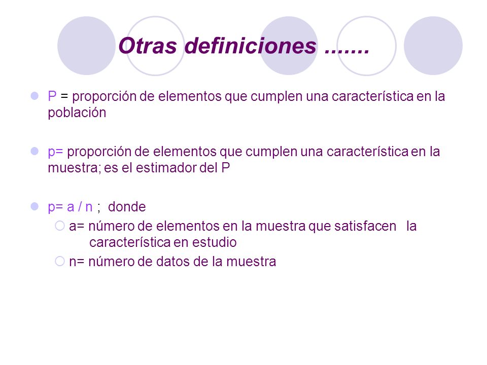 Otras definiciones P = proporción de elementos que cumplen una característica en la población.