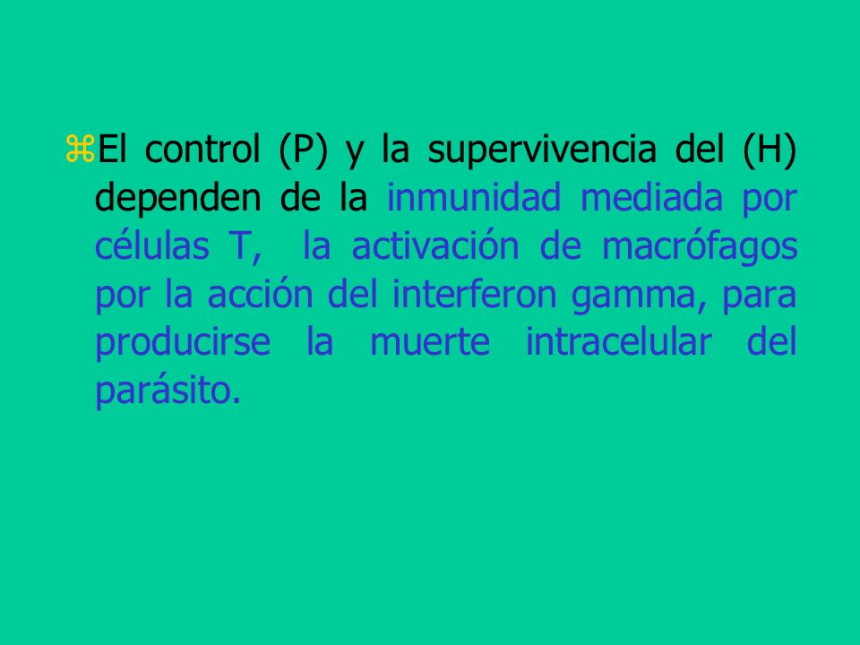 El control (P) y la supervivencia del (H) dependen de la inmunidad mediada por células T, la activación de macrófagos por la acción del interferon gamma, para producirse la muerte intracelular del parásito.