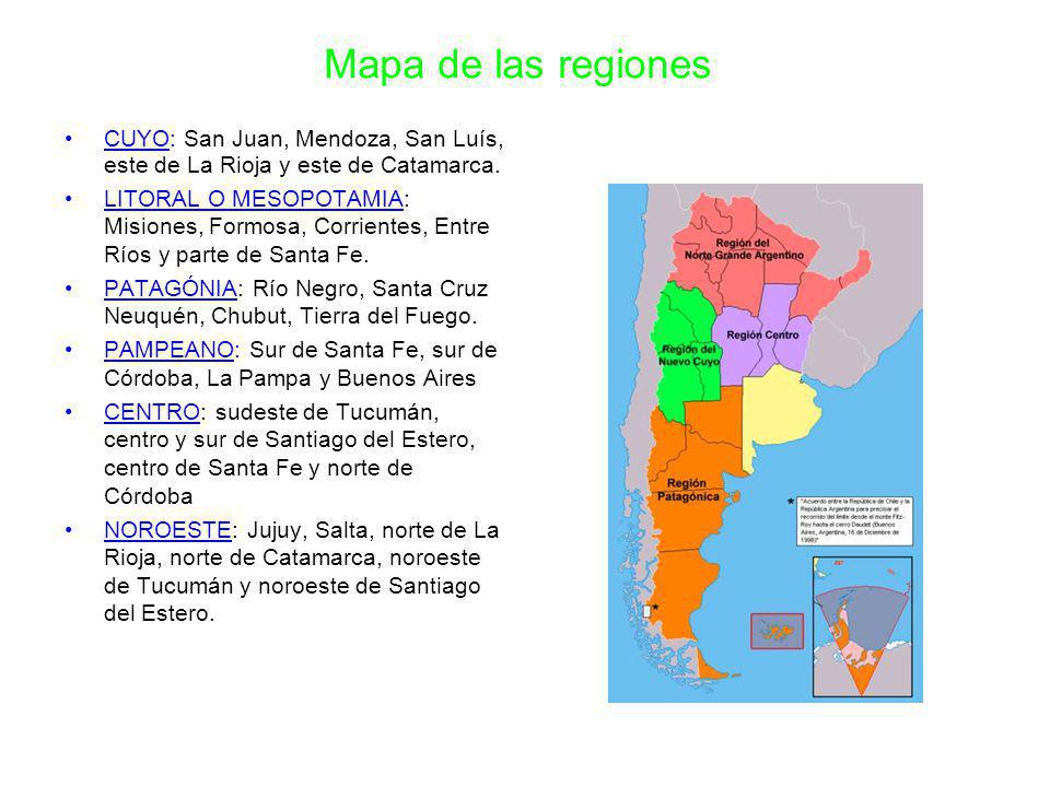 Mapa de las regiones CUYO: San Juan, Mendoza, San Luís, este de La Rioja y este de Catamarca.