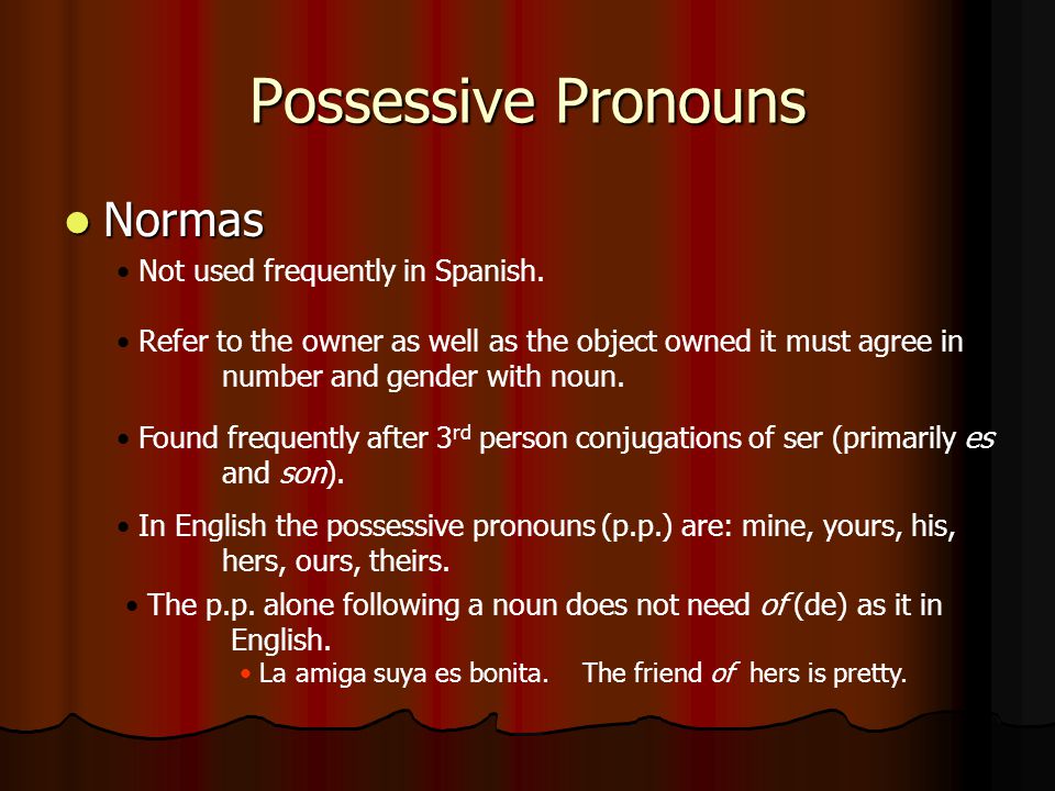Possessive Pronouns Normas Not used frequently in Spanish.
