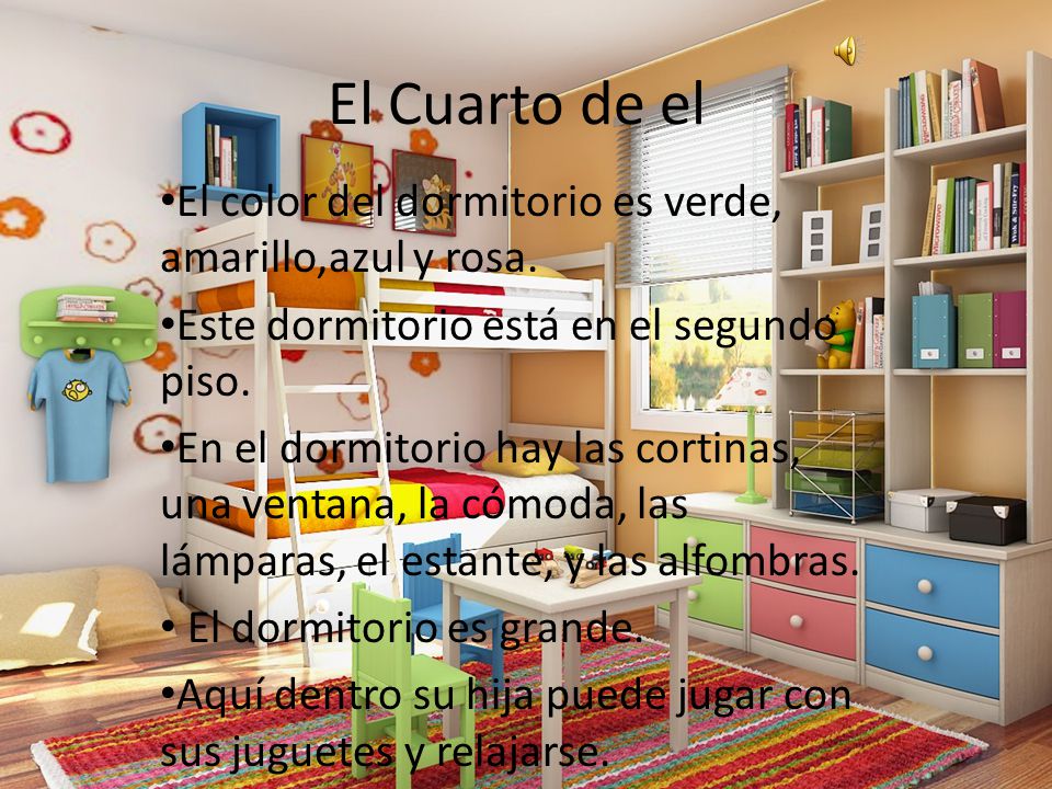 El Cuarto de el El color del dormitorio es verde, amarillo,azul y rosa. Este dormitorio está en el segundo piso.