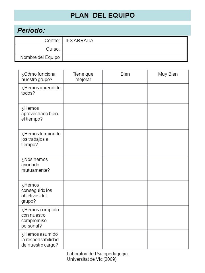 PLAN DEL EQUIPO Período: Centro: IES ARRATIA Curso: Nombre del Equipo
