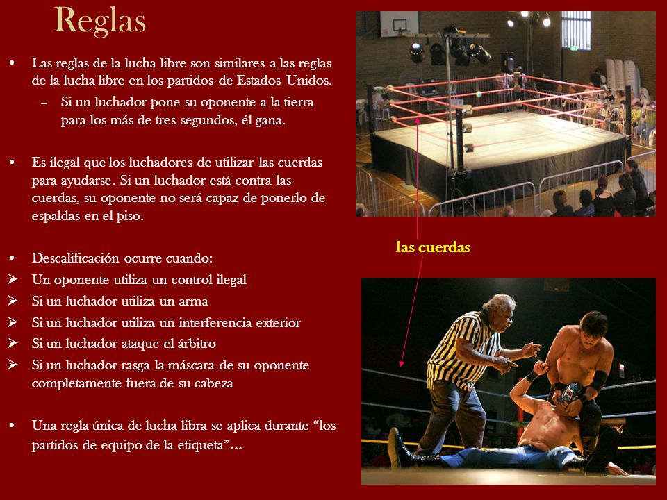 Reglas Las reglas de la lucha libre son similares a las reglas de la lucha libre en los partidos de Estados Unidos.
