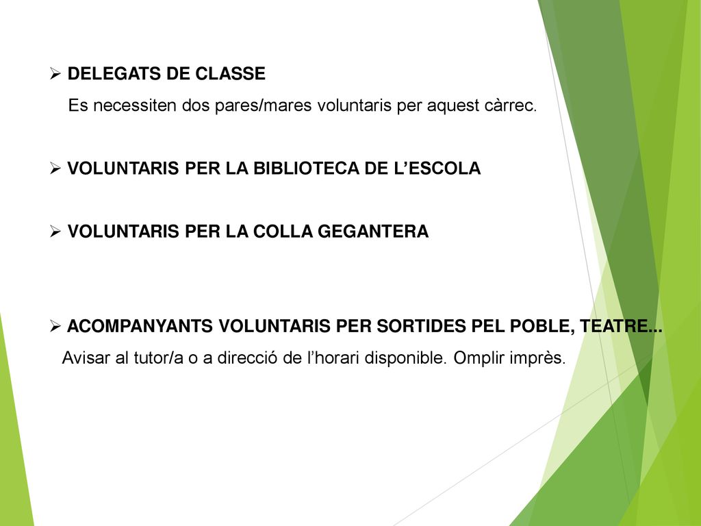 DELEGATS DE CLASSE Es necessiten dos pares/mares voluntaris per aquest càrrec. VOLUNTARIS PER LA BIBLIOTECA DE L’ESCOLA.