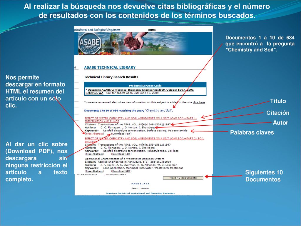 Al realizar la búsqueda nos devuelve citas bibliográficas y el número de resultados con los contenidos de los términos buscados.