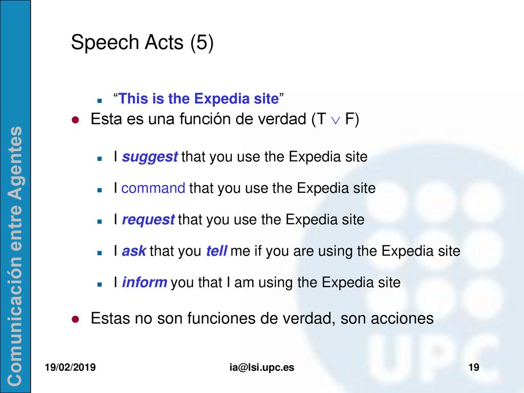 Speech Acts (5) Esta es una función de verdad (T  F)