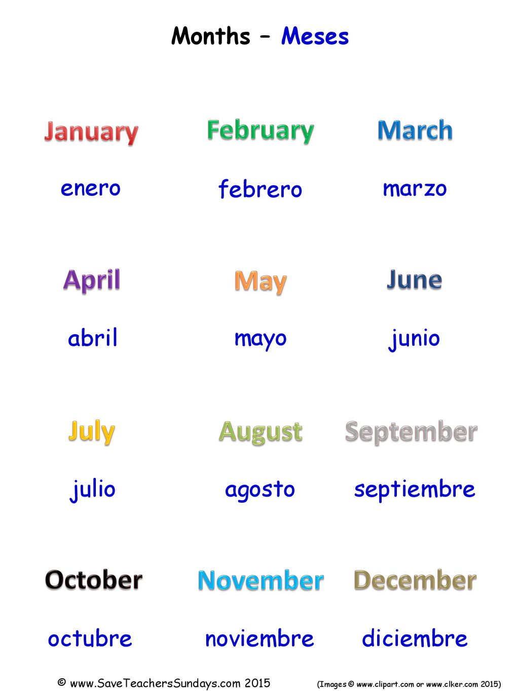 Months – Meses enero febrero marzo abril mayo junio julio agosto