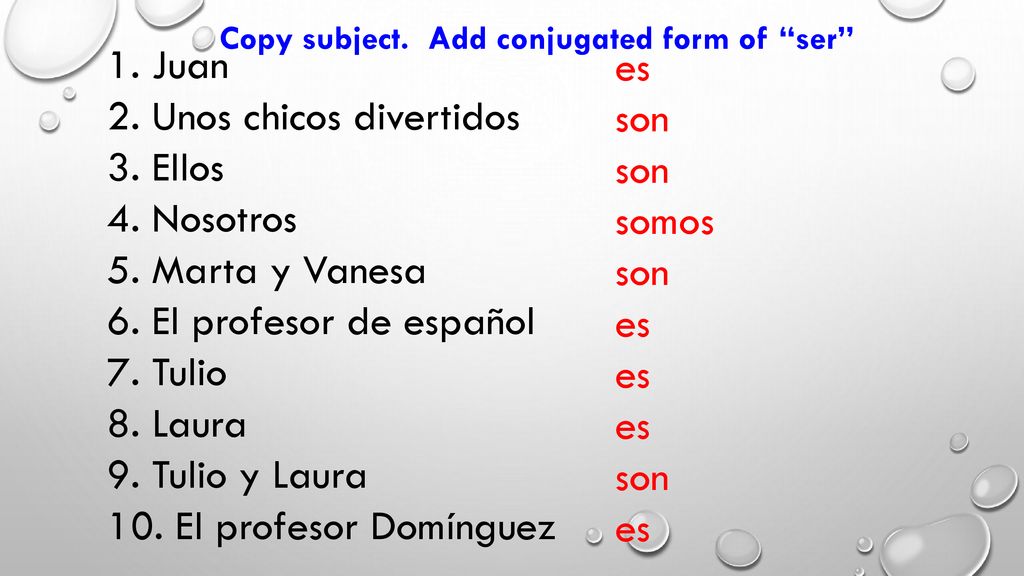 2. Unos chicos divertidos 3. Ellos 4. Nosotros 5. Marta y Vanesa