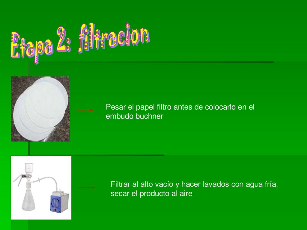 Etapa 2: filtracion Pesar el papel filtro antes de colocarlo en el embudo buchner.