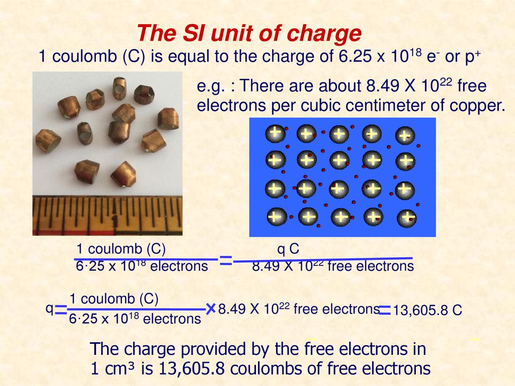 1 coulomb (C) is equal to the charge of 6.25 x 1018 e- or p+