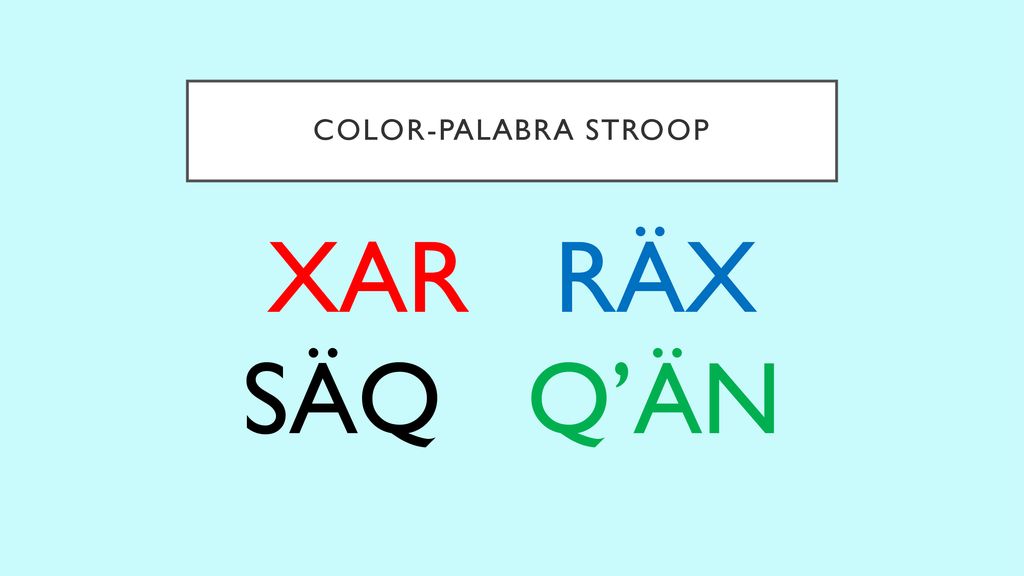 Color-palabra STROOP XAR RÄX SÄQ Q’ÄN