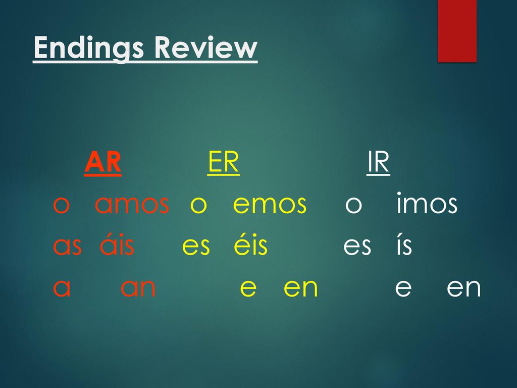 Endings Review AR ER IR o amos o emos o imos as áis es éis es ís a an e en e en
