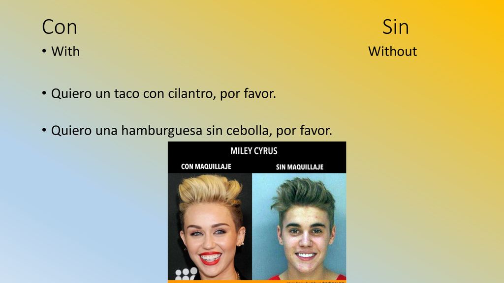 Con Sin With Without Quiero un taco con cilantro, por favor.