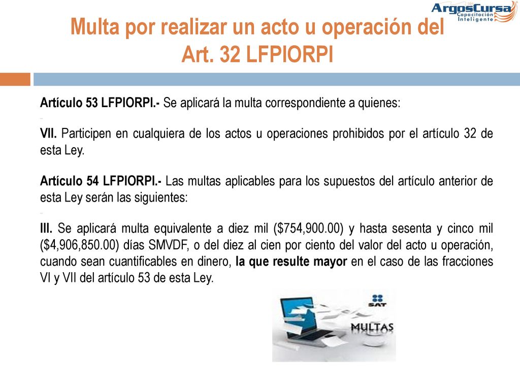 Multa por realizar un acto u operación del Art. 32 LFPIORPI