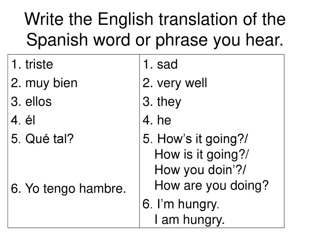 Write the English translation of the Spanish word or phrase you hear.