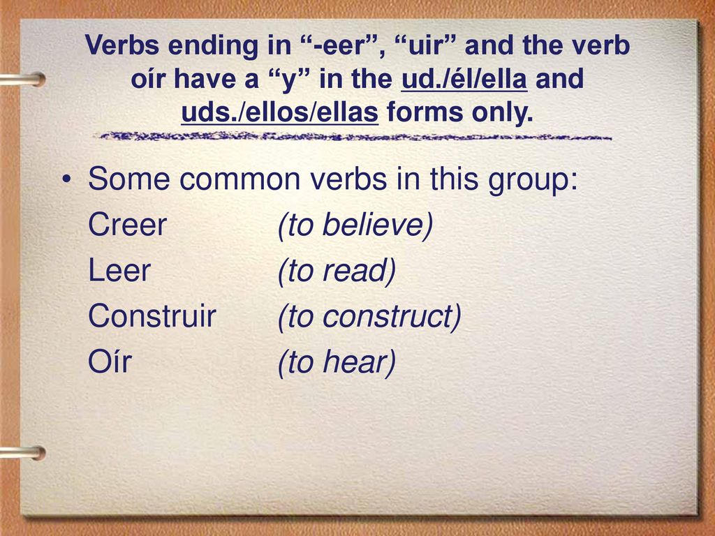 Some common verbs in this group: Creer (to believe) Leer (to read)