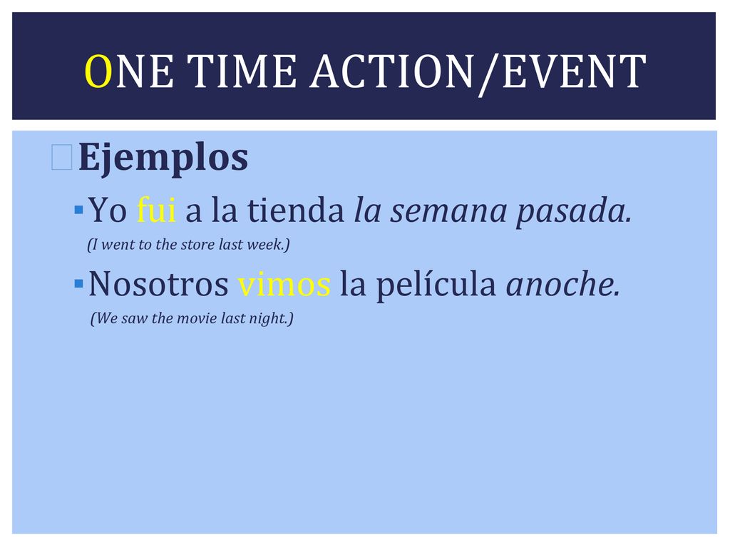 ONE TIME ACTION/EVENT Ejemplos Yo fui a la tienda la semana pasada.