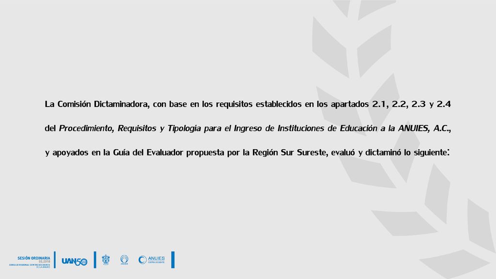 La Comisión Dictaminadora, con base en los requisitos establecidos en los apartados 2.1, 2.2, 2.3 y 2.4 del Procedimiento, Requisitos y Tipología para el Ingreso de Instituciones de Educación a la ANUIES, A.C., y apoyados en la Guía del Evaluador propuesta por la Región Sur Sureste, evaluó y dictaminó lo siguiente: