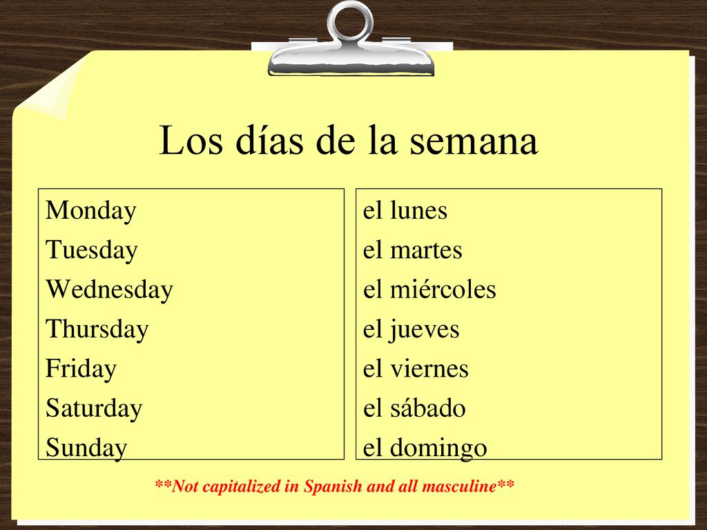 Los días de la semana Monday Tuesday Wednesday Thursday Friday Saturday Sunday
