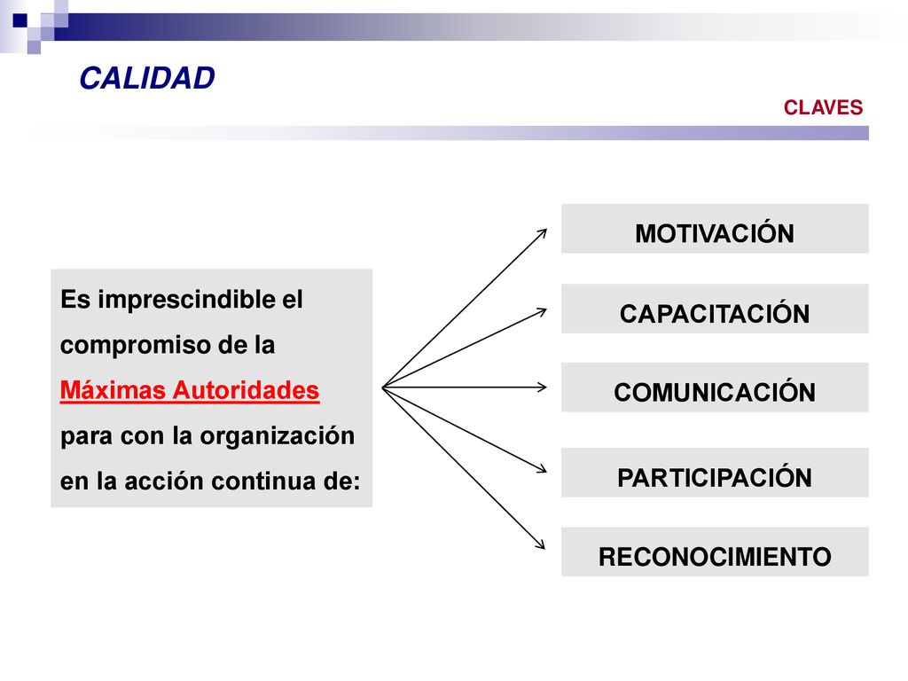 CALIDAD CLAVES. MOTIVACIÓN. Es imprescindible el compromiso de la Máximas Autoridades para con la organización en la acción continua de: