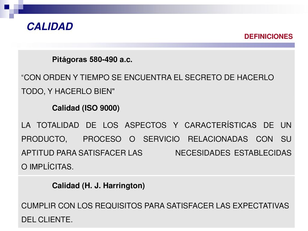 CALIDAD DEFINICIONES. Pitágoras a.c. CON ORDEN Y TIEMPO SE ENCUENTRA EL SECRETO DE HACERLO TODO, Y HACERLO BIEN
