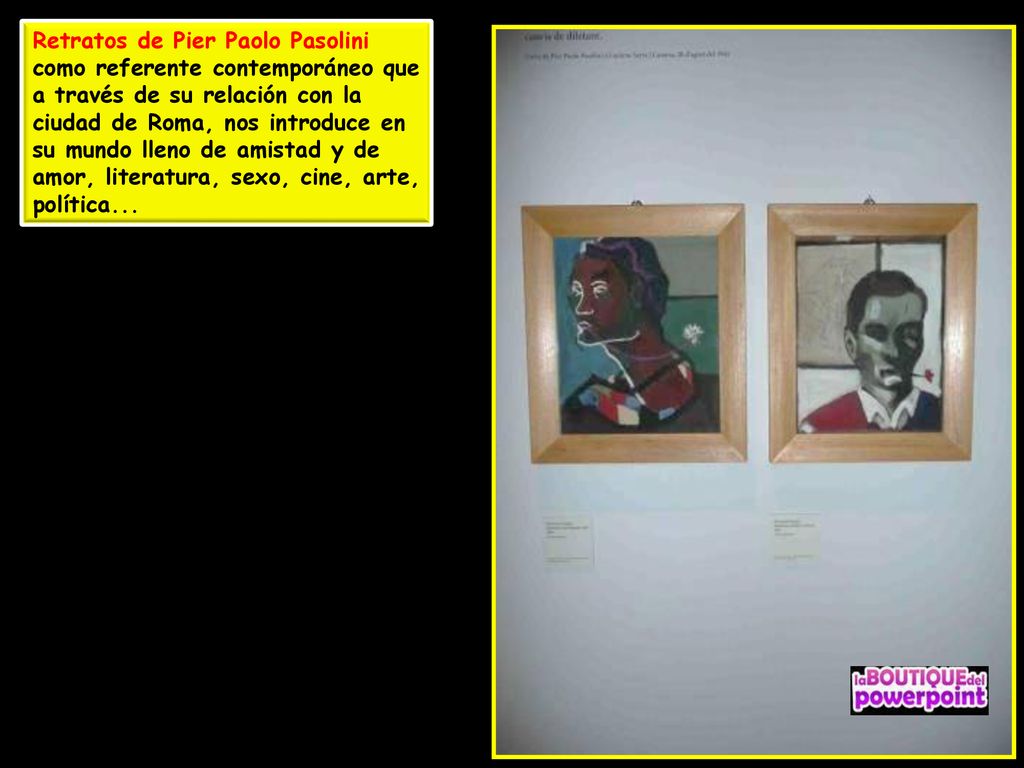 Retratos de Pier Paolo Pasolini como referente contemporáneo que a través de su relación con la ciudad de Roma, nos introduce en su mundo lleno de amistad y de amor, literatura, sexo, cine, arte, política...
