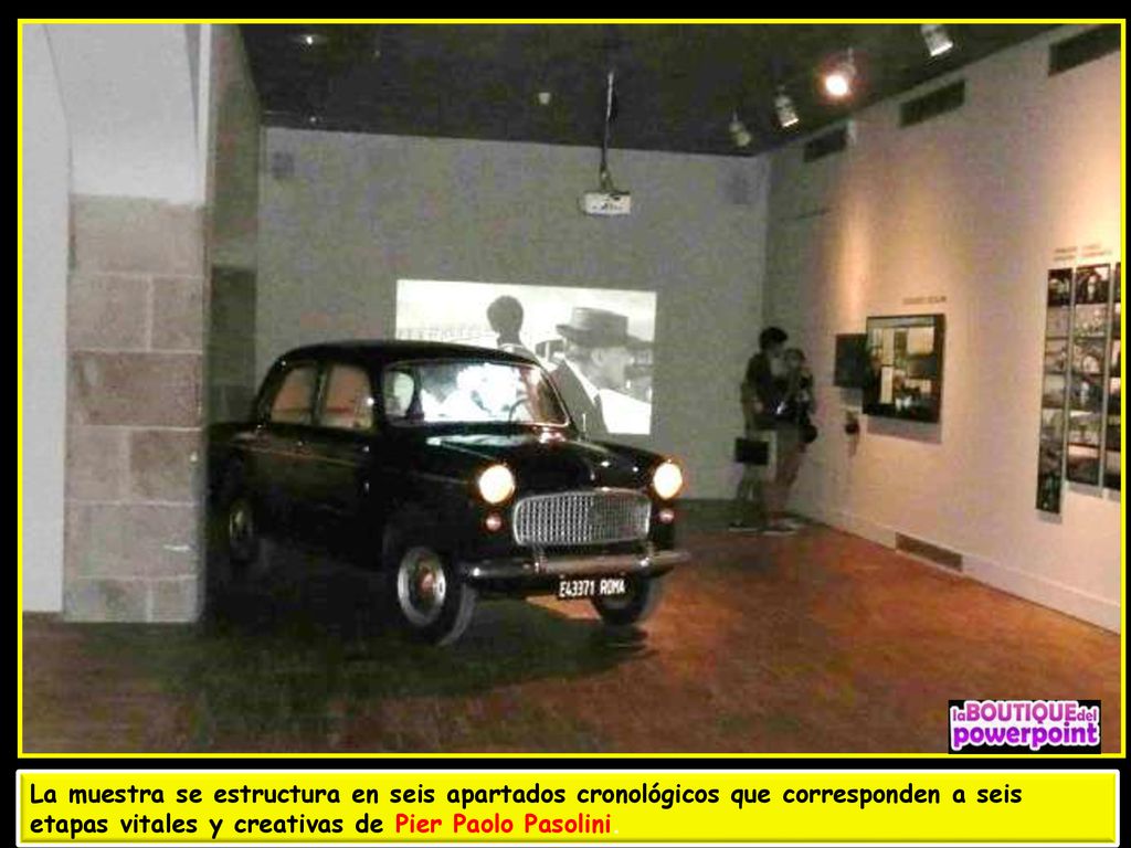 La muestra se estructura en seis apartados cronológicos que corresponden a seis etapas vitales y creativas de Pier Paolo Pasolini.