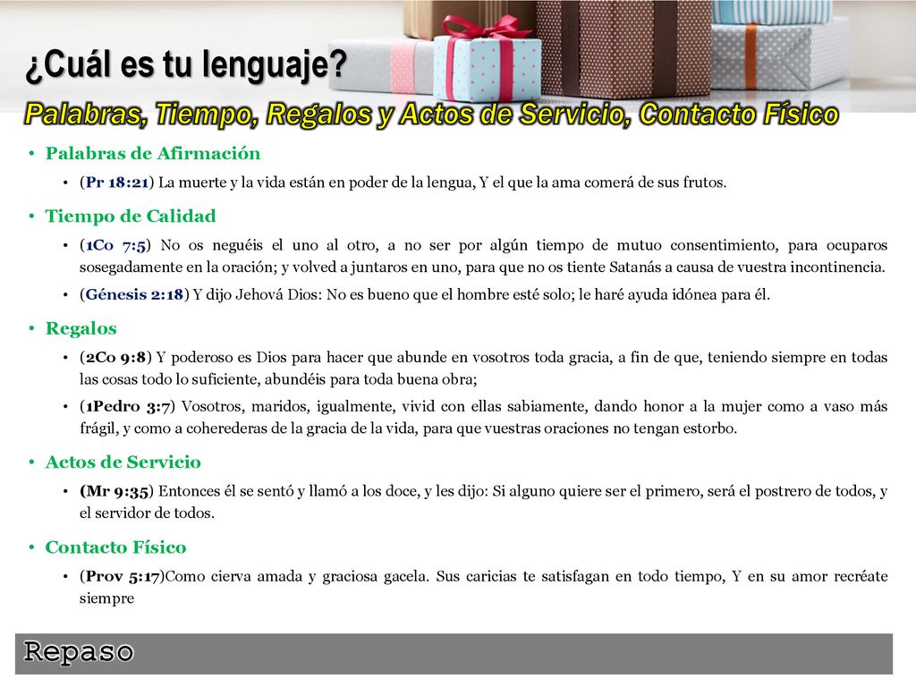 ¿Cuál es tu lenguaje Palabras, Tiempo, Regalos y Actos de Servicio, Contacto Físico. Palabras de Afirmación.