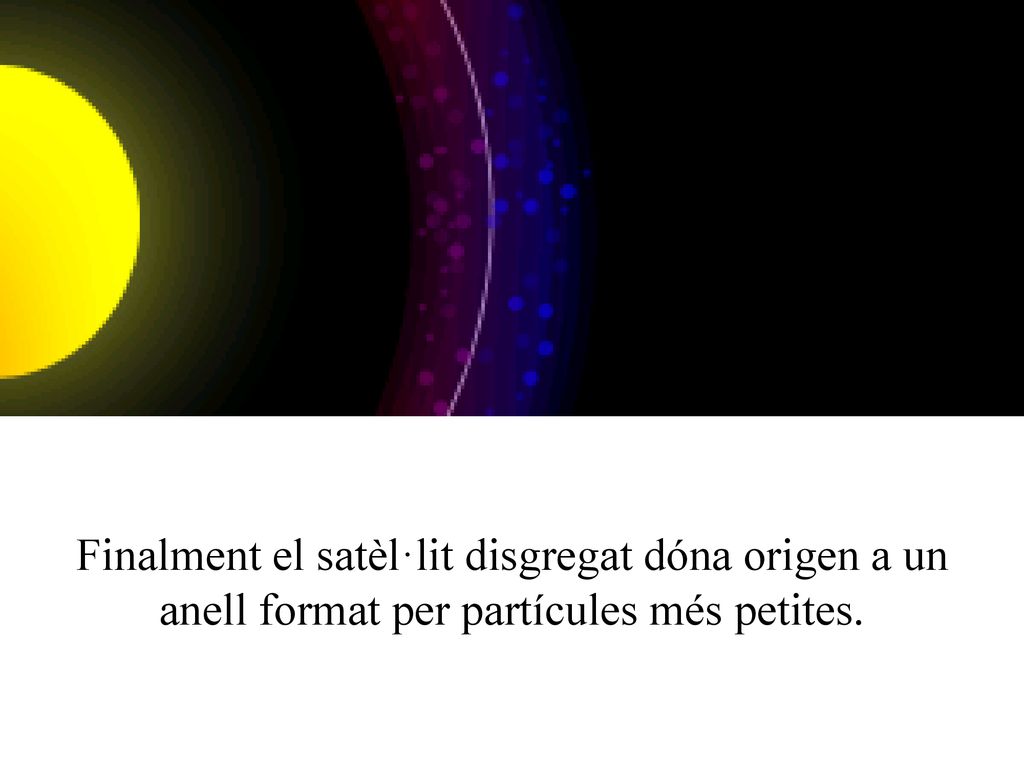 Finalment el satèl·lit disgregat dóna origen a un anell format per partícules més petites.
