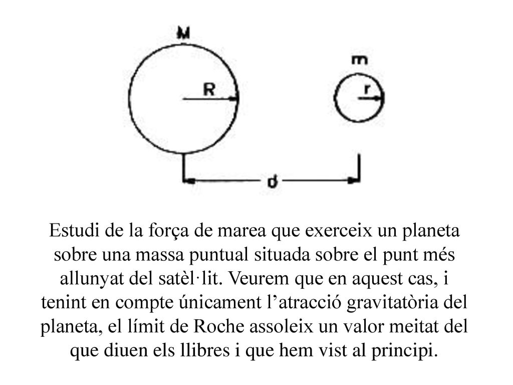 Estudi de la força de marea que exerceix un planeta sobre una massa puntual situada sobre el punt més allunyat del satèl·lit.