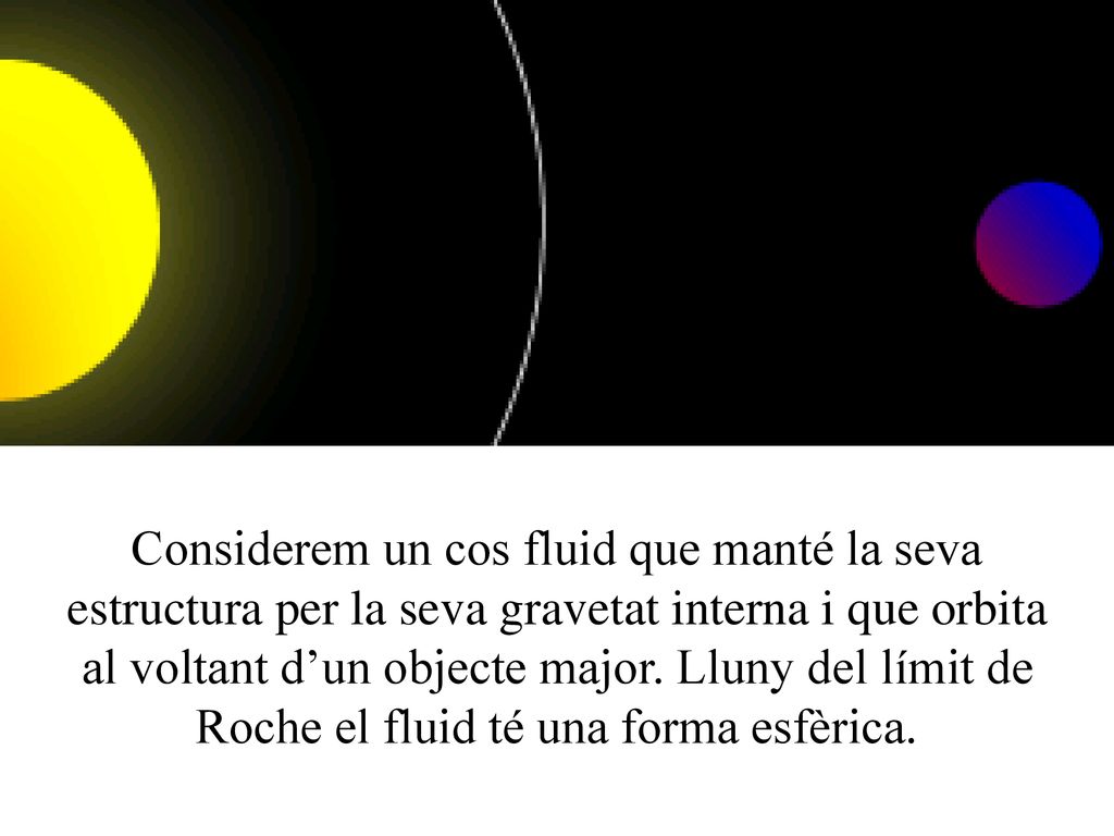 Considerem un cos fluid que manté la seva estructura per la seva gravetat interna i que orbita al voltant d’un objecte major.