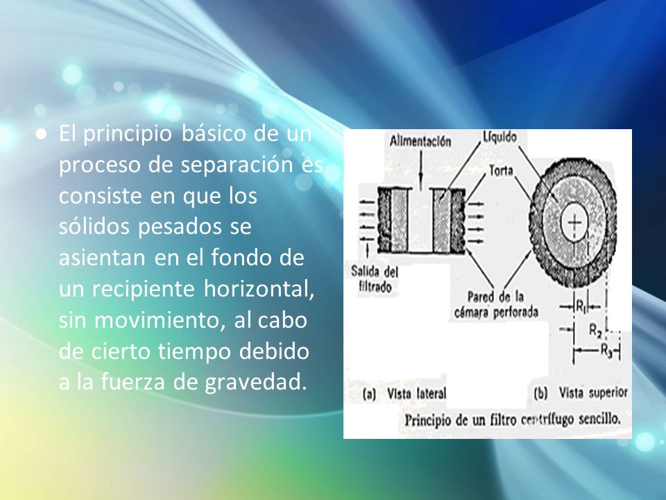 El principio básico de un proceso de separación es consiste en que los sólidos pesados se asientan en el fondo de un recipiente horizontal, sin movimiento, al cabo de cierto tiempo debido a la fuerza de gravedad.
