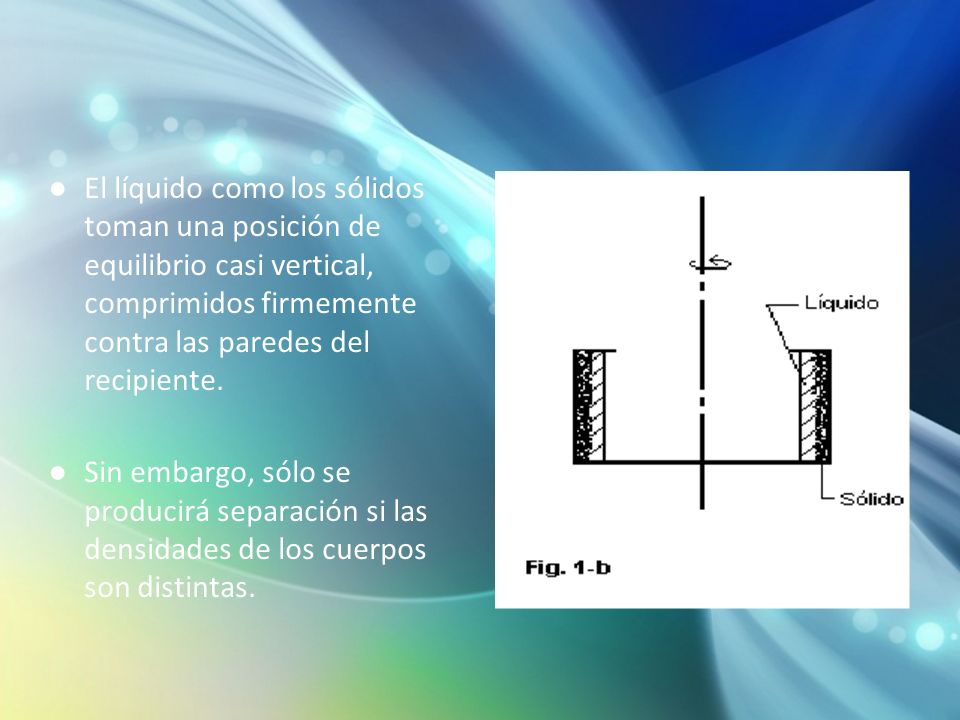 El líquido como los sólidos toman una posición de equilibrio casi vertical, comprimidos firmemente contra las paredes del recipiente.