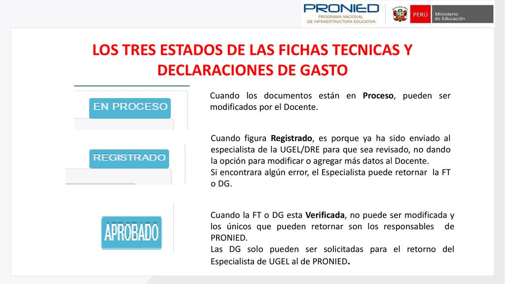 LOS TRES ESTADOS DE LAS FICHAS TECNICAS Y DECLARACIONES DE GASTO