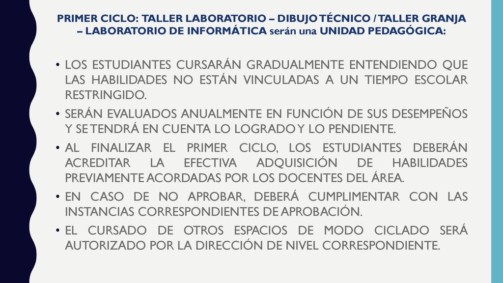 PRIMER CICLO: TALLER LABORATORIO – DIBUJO TÉCNICO / TALLER GRANJA – LABORATORIO DE INFORMÁTICA serán una UNIDAD PEDAGÓGICA: